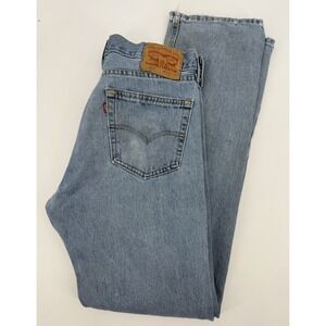 Levis 505 Jeans Mens 33x34 Blue Straight Leg Light Wash Distressed Denim Pants
